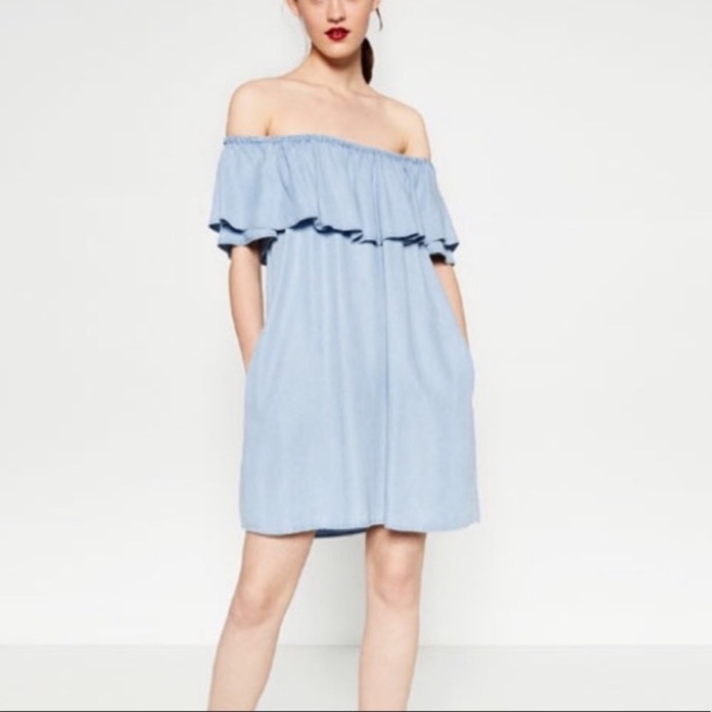 Zara ruffle off the shoulder denim dress - Picture 4 of 6